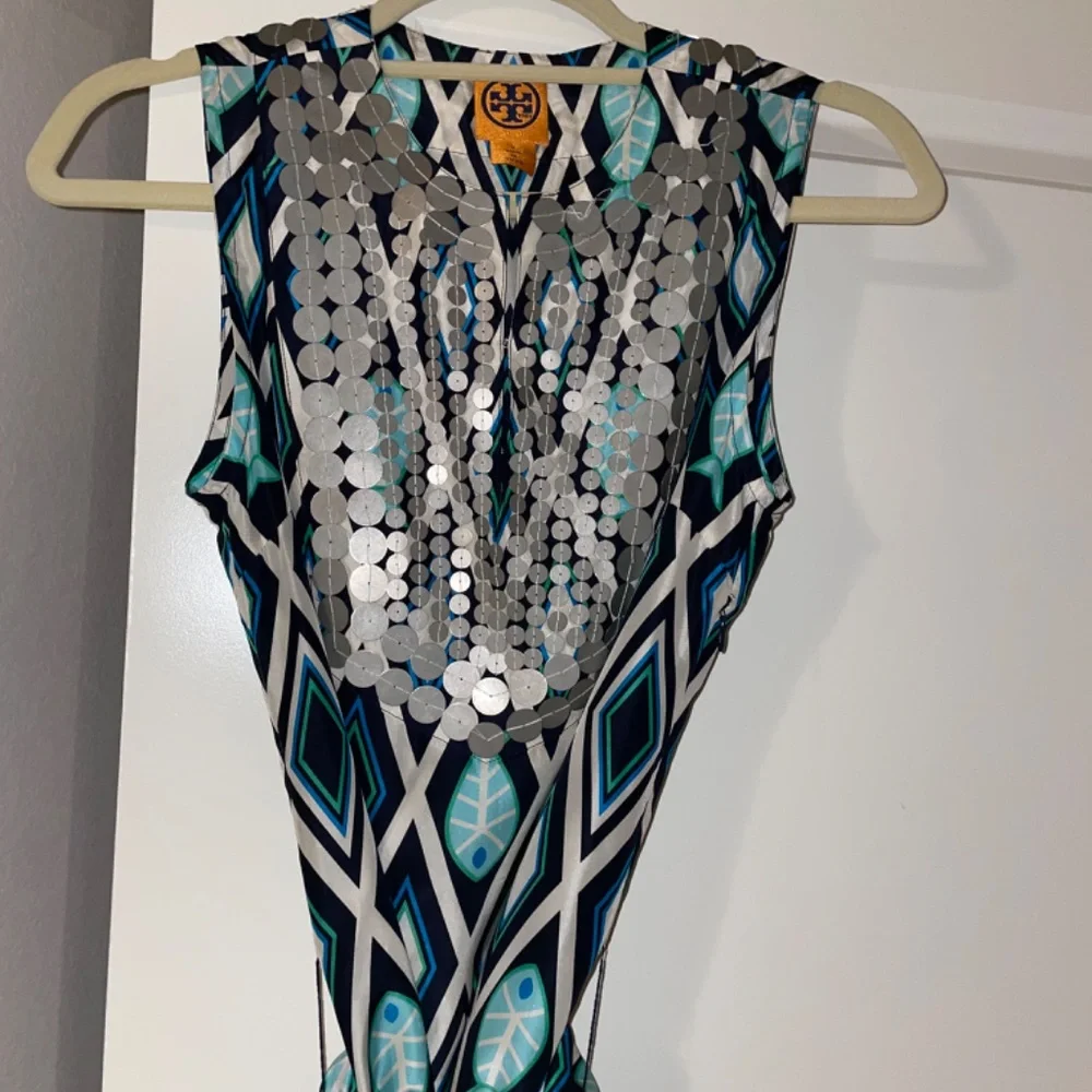 VINTAGE TORY BURCH 100% Silk Fish Print Blue/Turquoise  Kaftan Dress Size4